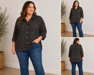 Yushi Womens Black Geometric Print Button Down Blouse Long Sleeve Collared